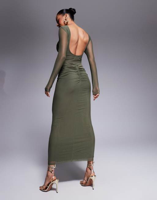 ASOS DESIGN mesh long sleeve slash neck open back maxi dress with sash in olive