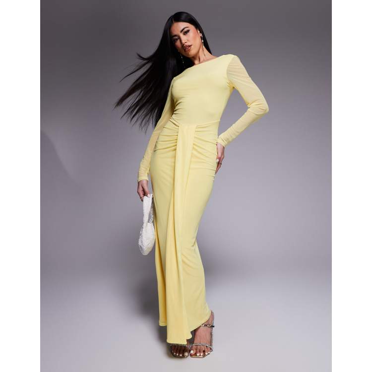 ASOS DESIGN mesh long sleeve slash neck open back maxi dress with sash in  pastel yellow | ASOS