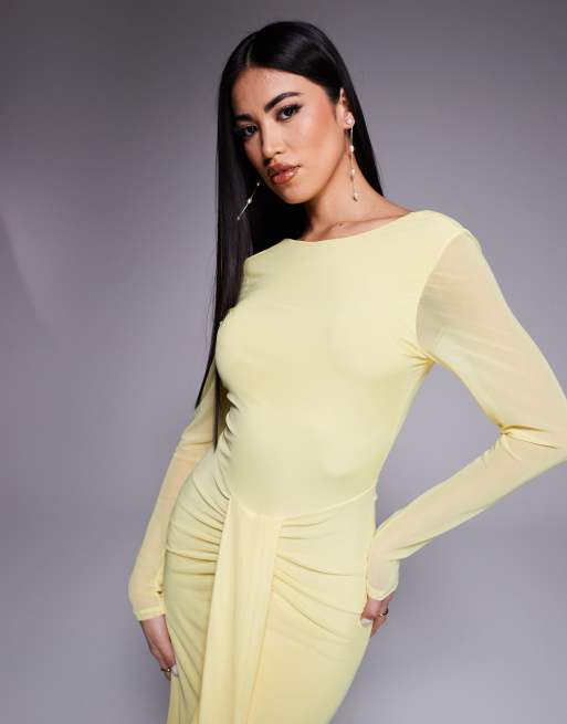 ASOS DESIGN mesh long sleeve slash neck open back maxi dress with sash in pastel yellow