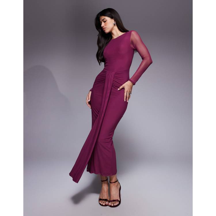 chinese dress ladies Chocolate Ribbed Knit Plunge Neck Long Sleeve Midi Dress + Bralette main image 1