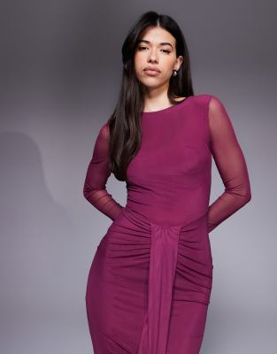 Asos Design Mesh Long Sleeve Slash Neck Open Back Maxi Dress With Sash In Purple