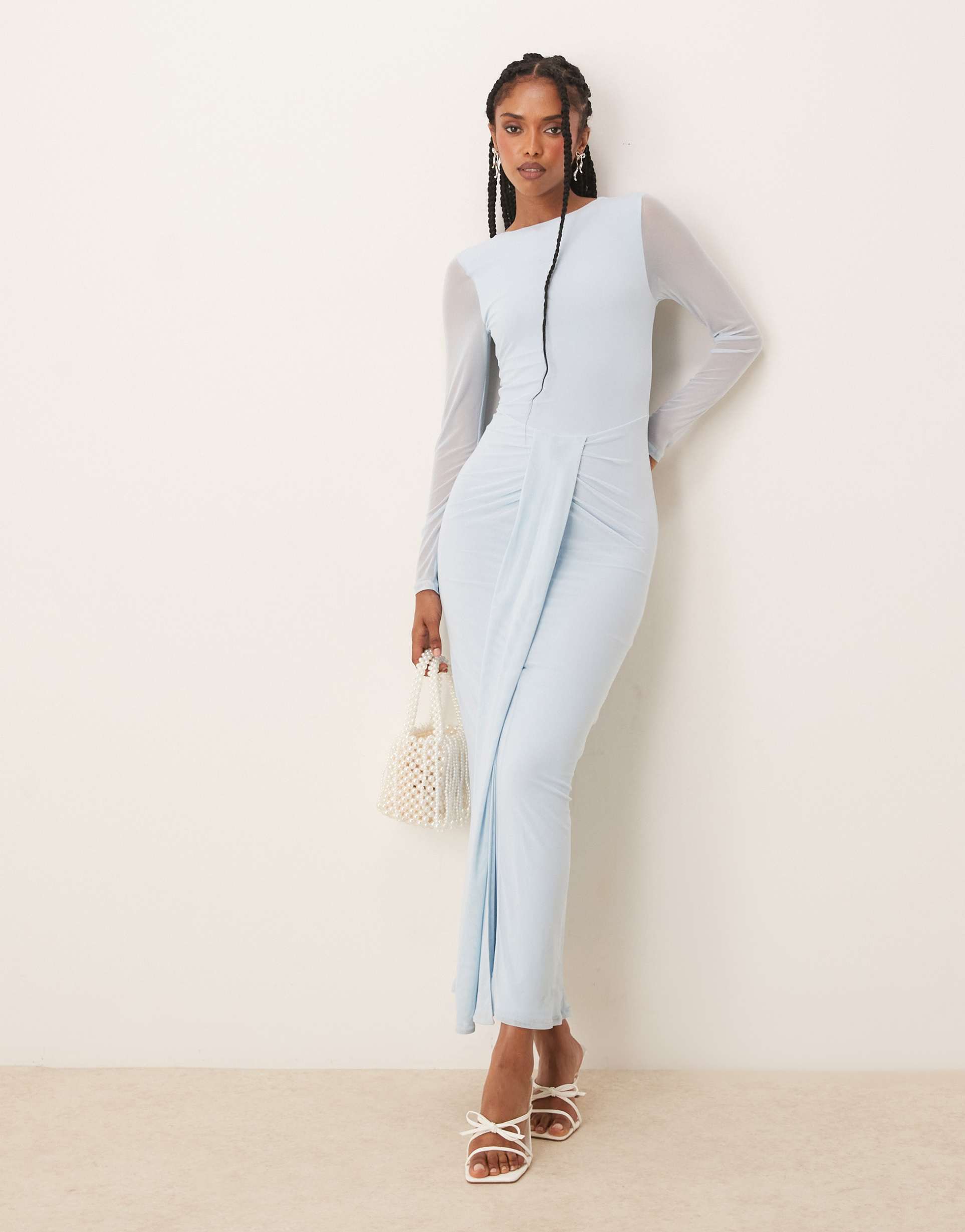 asos design mesh long sleeve slash neck open back midi dress with sash in baby blue