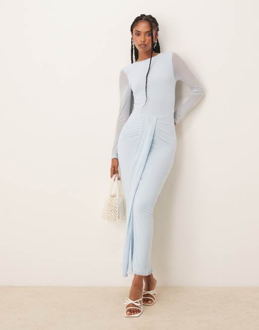 ASOS DESIGN mesh long sleeve slash neck open back midi dress with sash in baby blue