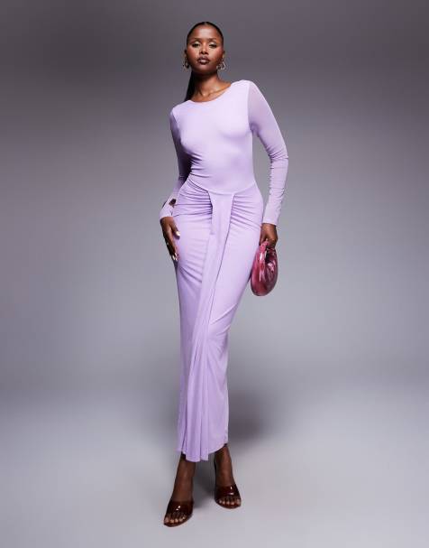 ASOS DESIGN mesh long sleeve slash neck open back midi dress with sash in lilac - view 1