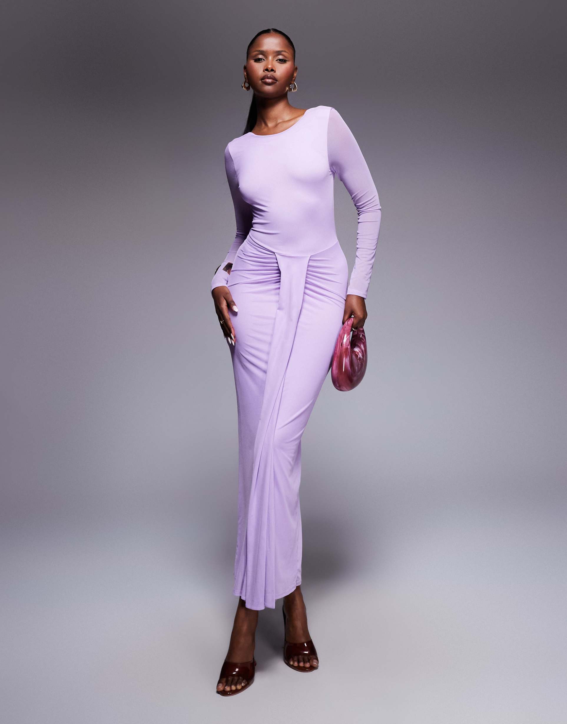 asos design mesh long sleeve slash neck open back midi dress with sash in lilac