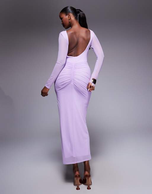 ASOS DESIGN mesh long sleeve slash neck open back midi dress with sash in lilac