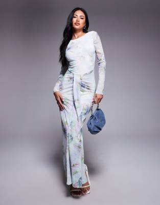 ASOS DESIGN mesh long sleeve slash neck open back mini dress with sash in floral print - view 1