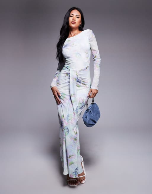 ASOS DESIGN mesh long sleeve slash neck open back mini dress with sash in floral print