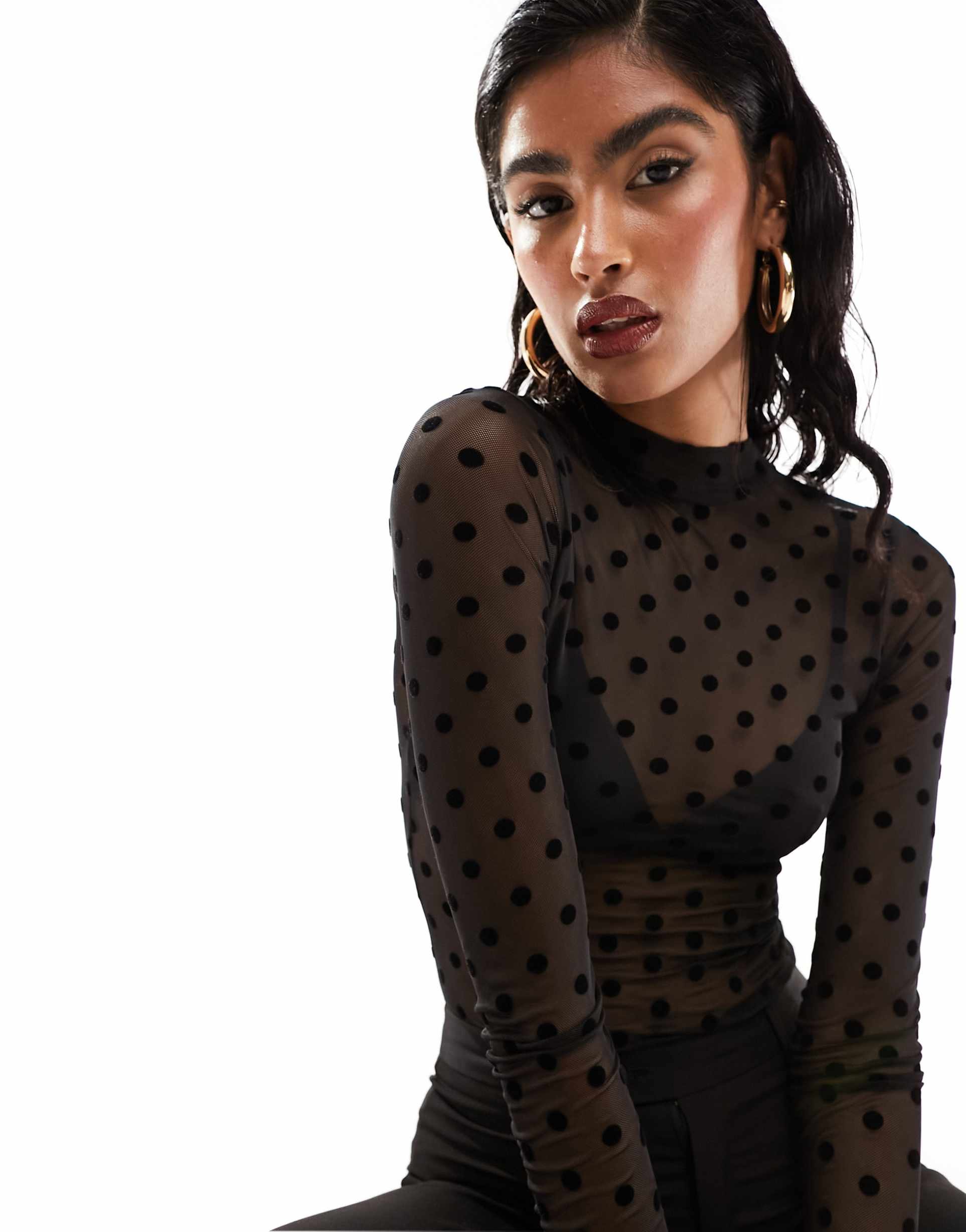 asos design mesh long sleeve textured polka dot flock bodysuit in black