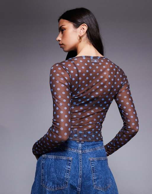 ASOS DESIGN mesh long sleeve top in chocolate and blue polka dot
