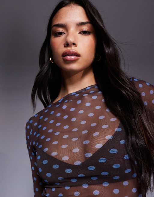 ASOS DESIGN mesh long sleeve top in chocolate and blue polka dot