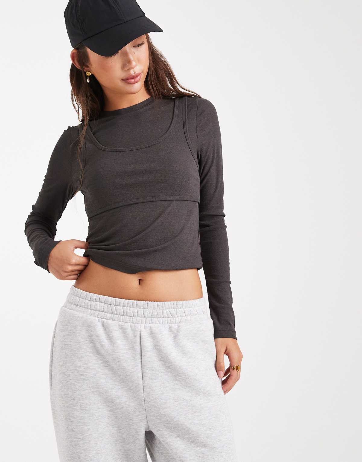 ASOS DESIGN mesh long sleeve top with cami overlay in charcoal