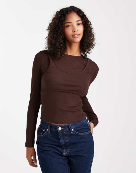 ASOS DESIGN mesh long sleeve top with cami overlay in chocolate - view 1