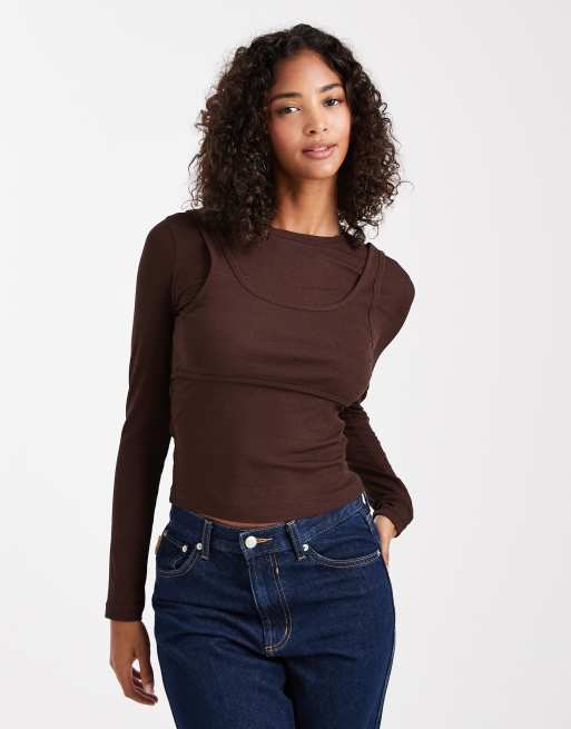 ASOS DESIGN mesh long sleeve top with cami overlay in chocolate