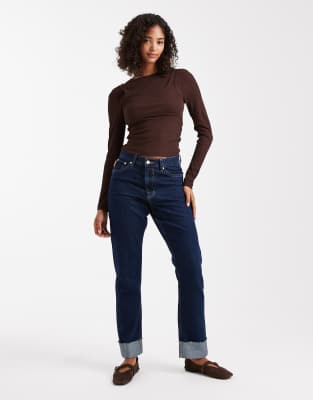 Asos Design Mesh Long Sleeve Top With Cami Overlay In Brown