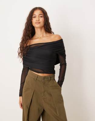 Asos Design Mesh Long Sleeve Top With Draped Detail In Black