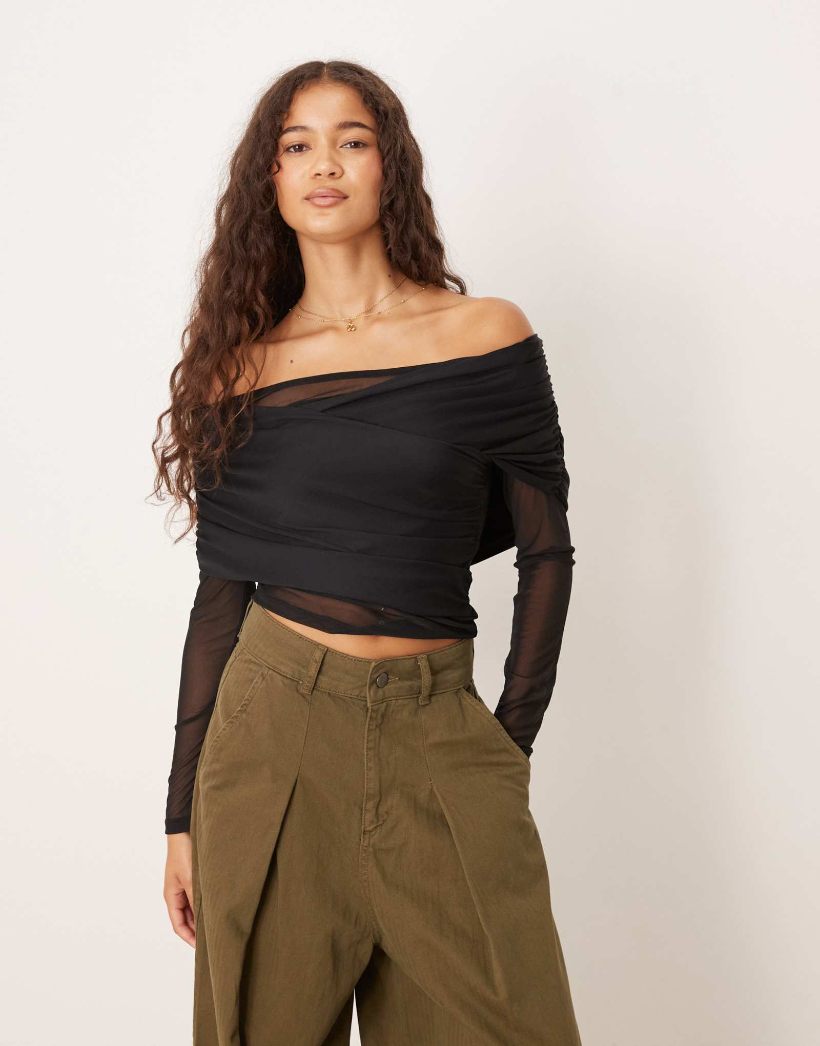 ДИЗАЙНЕРСКИЙ сетчатый топ ASOS с длинным рукавом и драпировкой черного цвета