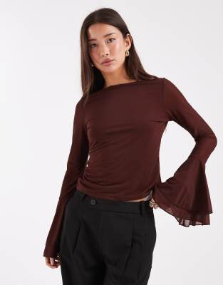 Asos Design Mesh Long Sleeve Top With Exaggerated Sleeve Details In Brown