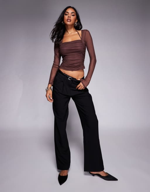 ASOS DESIGN mesh long sleeve top with halter neck detail in chocolate, 4 of 4