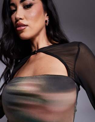 Asos Design Mesh Long Sleeve Top With Rouleau Button Detail In Multi