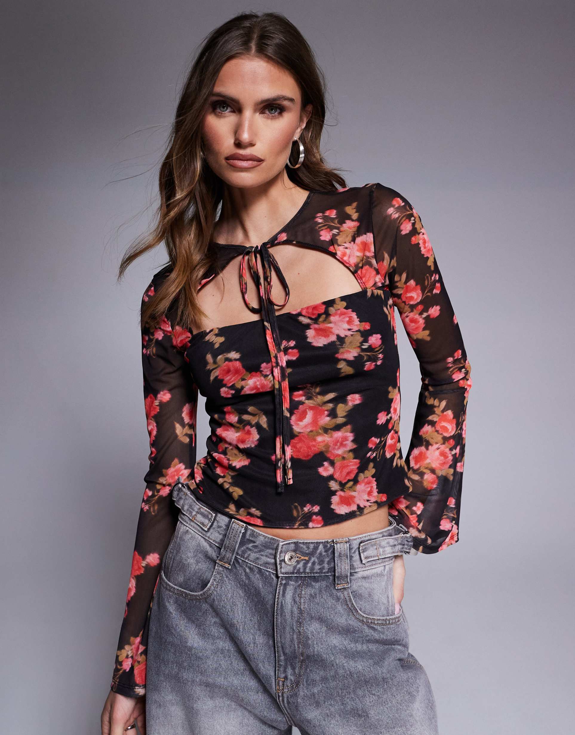 asos design mesh long sleeve top with tie detail in black base floral