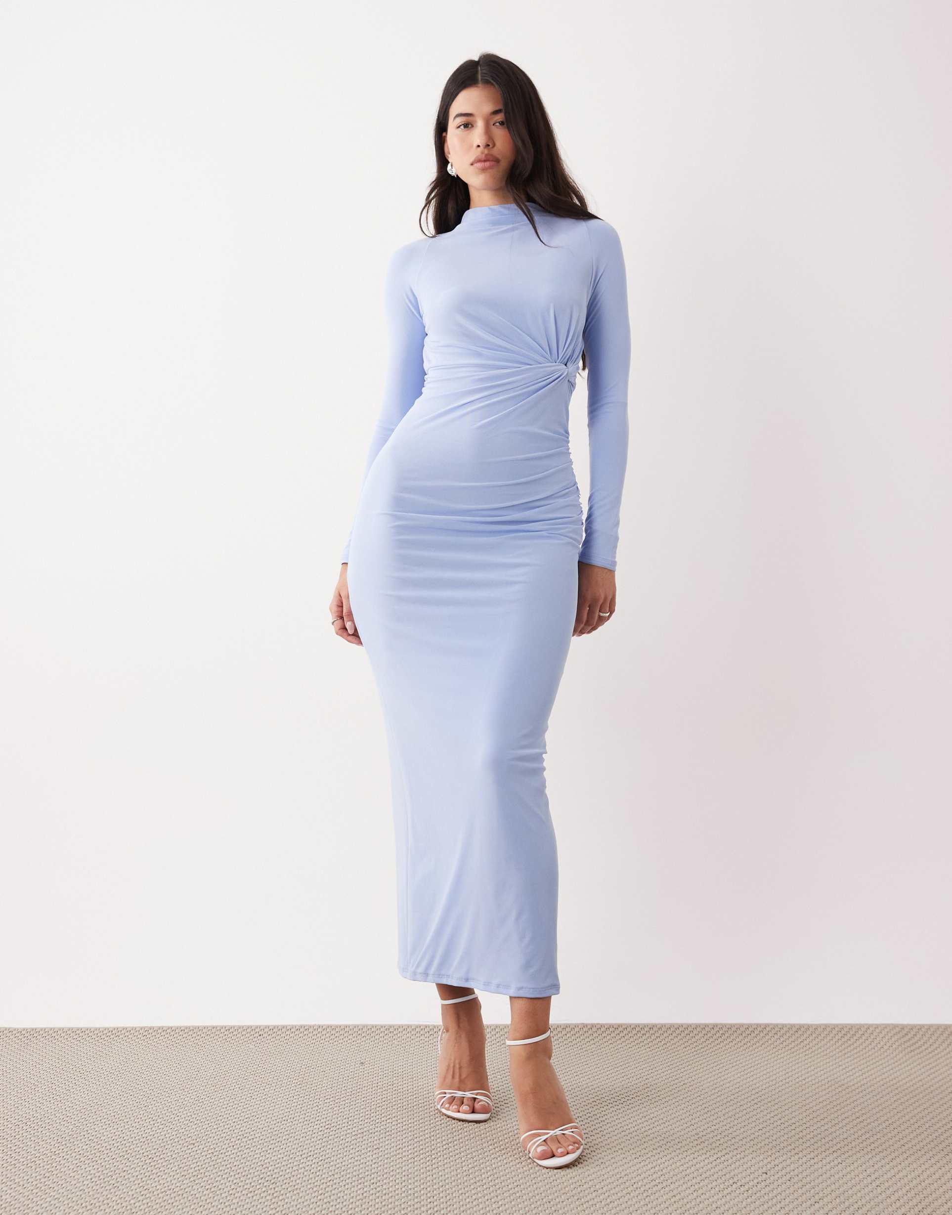 asos design mesh long sleeve twist bust detail halter maxi dress in blue