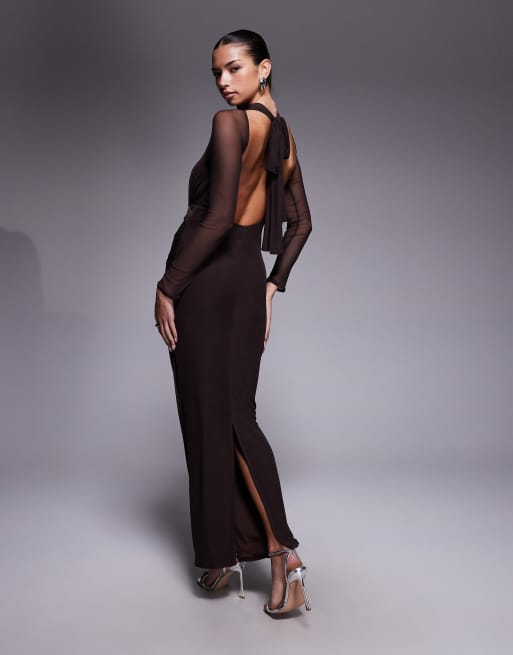 ASOS DESIGN mesh long sleeve twist bust detail halter maxi dress in chocolate, 4 of 4