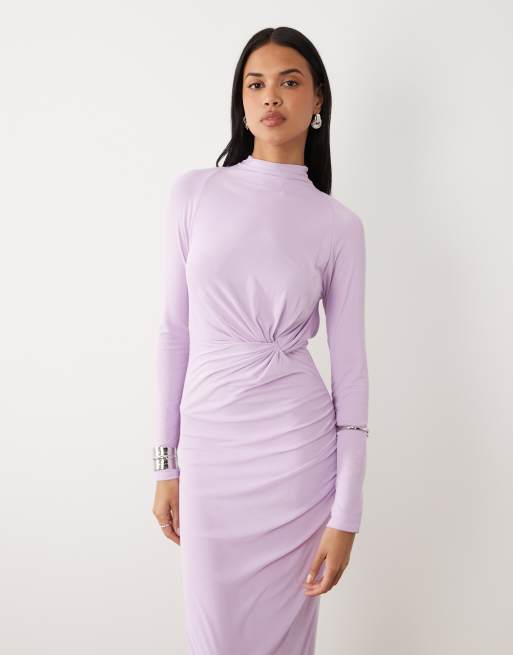 ASOS DESIGN mesh long sleeve twist bust detail halter maxi dress in lilac, 4 of 4