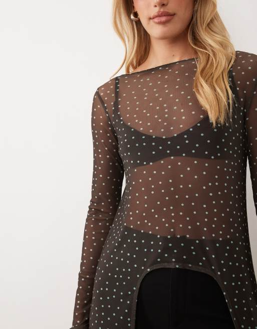 ASOS DESIGN mesh longline top in polka dot, 2 of 4
