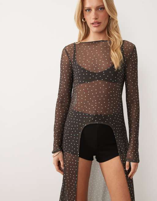 ASOS DESIGN mesh longline top in polka dot, 3 of 4