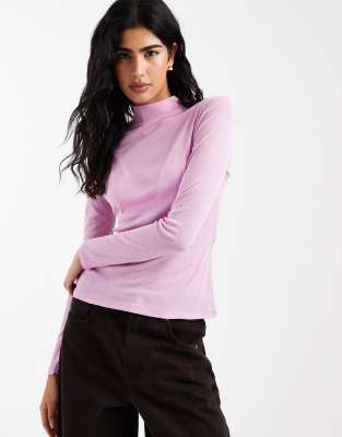 Asos Design Mesh Longline Turtle Neck Top In Purple