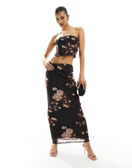 ASOS DESIGN mesh low rise midi skirt in mixed animal and floral print - part of a set