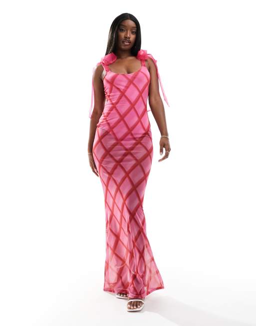 Pink Abstract Print Mesh Bandeau Ruched Maxi Dress