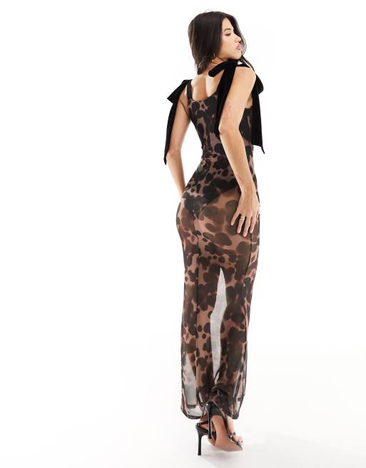 chinese dress ladies Rent ASOS DESIGN Long Sleeve Maxi Dress With Low Rise Skirt In Leopard  Print