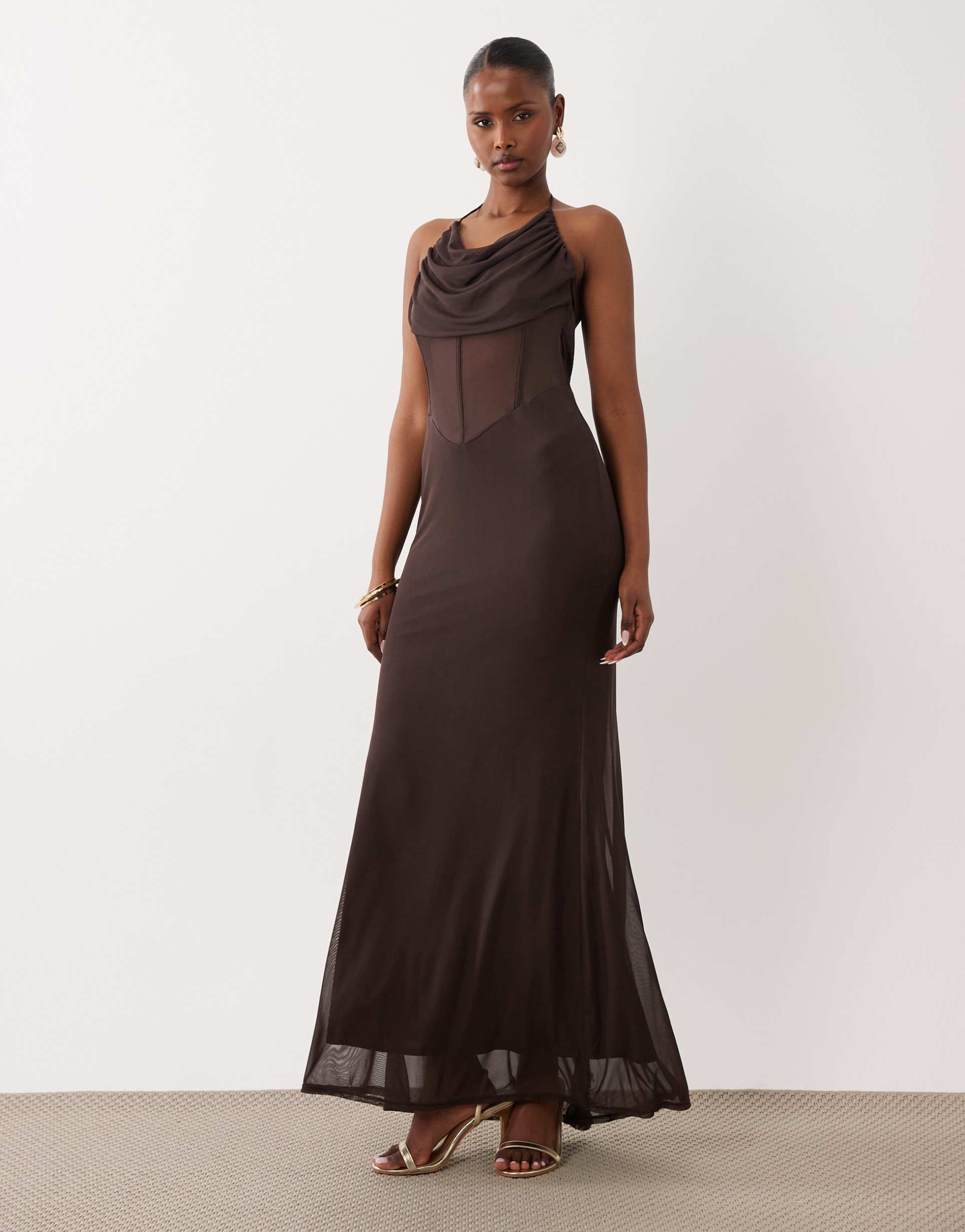 asos design mesh maxi dress with corset and cowl detailing in chocolate brown