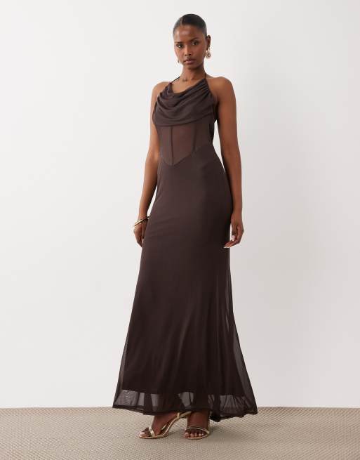 ASOS DESIGN mesh maxi dress with corset and cowl detailing in chocolate  brown | ASOS
