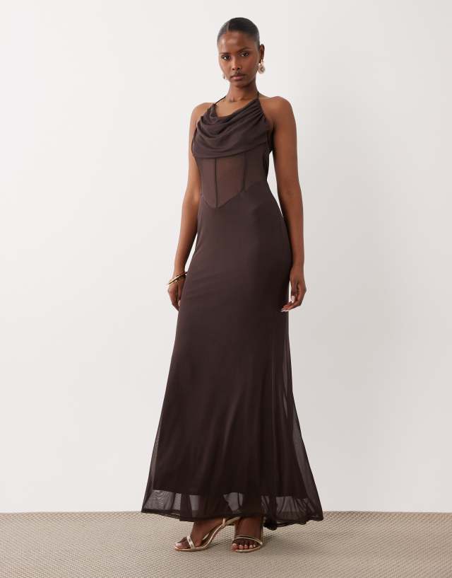 chocolate mesh cut out layered maxi dress ASOS DESIGN with corset and cowl detailing in brown colour: black-sequin-high-neck-bodycon-mini-dress