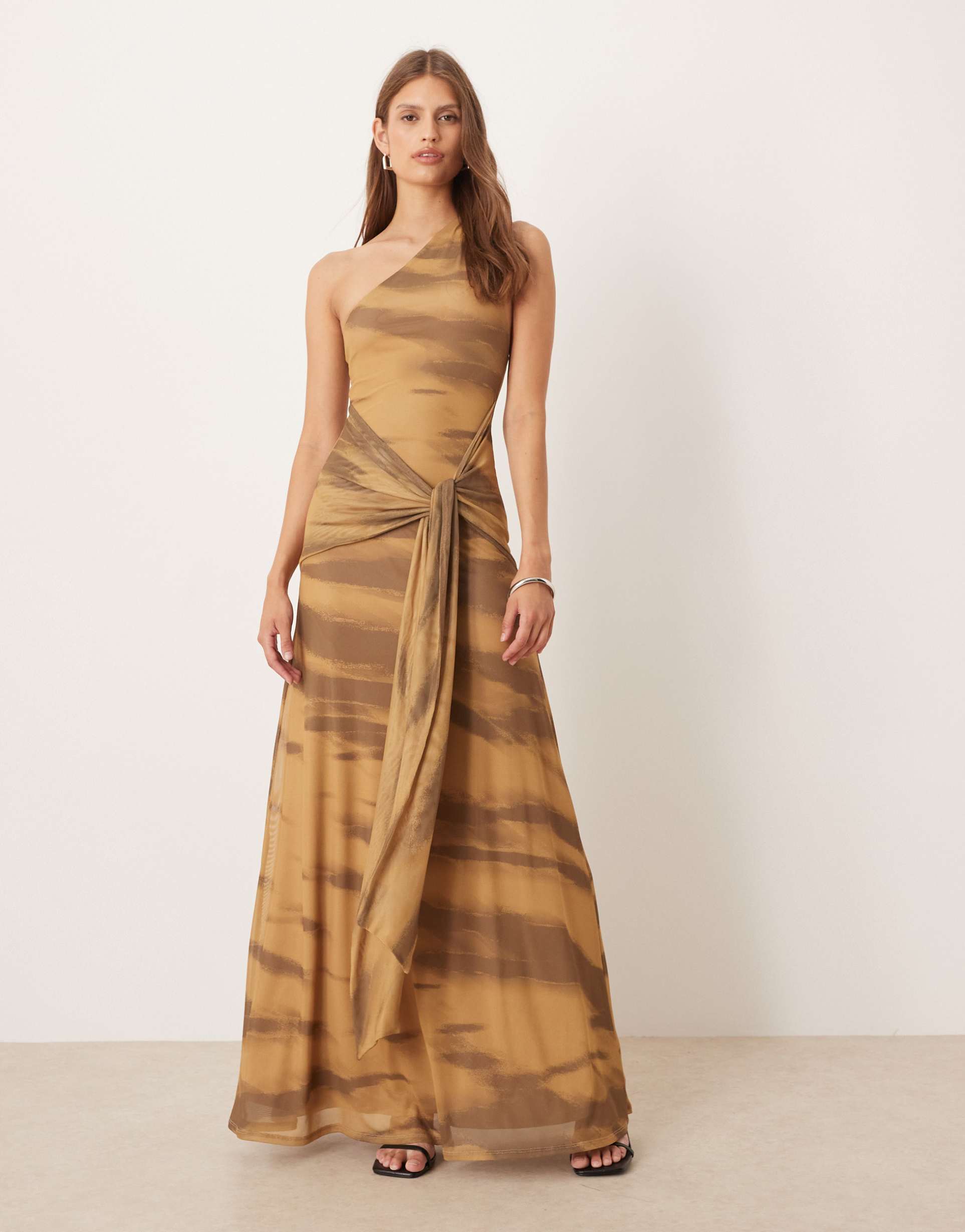 asos design mesh maxi dress with draped sash & belt in blurred animal print