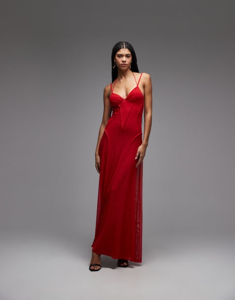 ASOS DESIGN mesh maxi dress with exposed seam detail in red