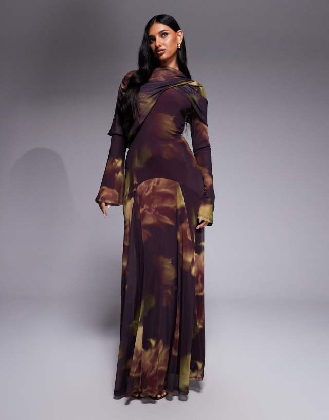 long sleeve mesh asymmetrical draped maxi dress ASOS DESIGN with overlay neckline in blurred floral print Model: IMAGE NOT UPLOADED Designed with a scoop Size:IT38 A Line Black Birthday