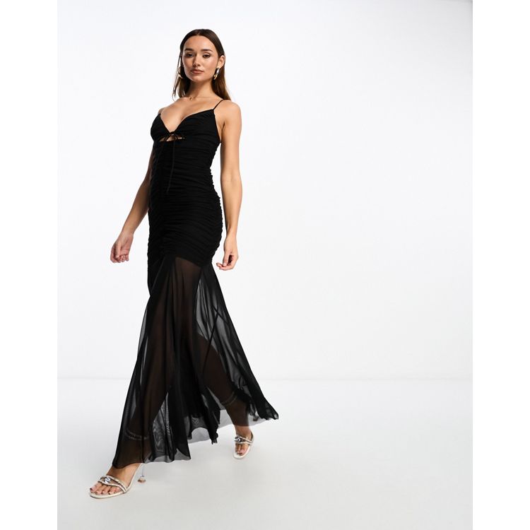 ASOS DESIGN lace maxi sheer dress with high split in black
