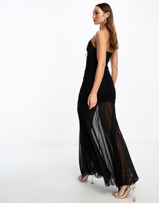 ASOS DESIGN lace maxi sheer dress with high split in black