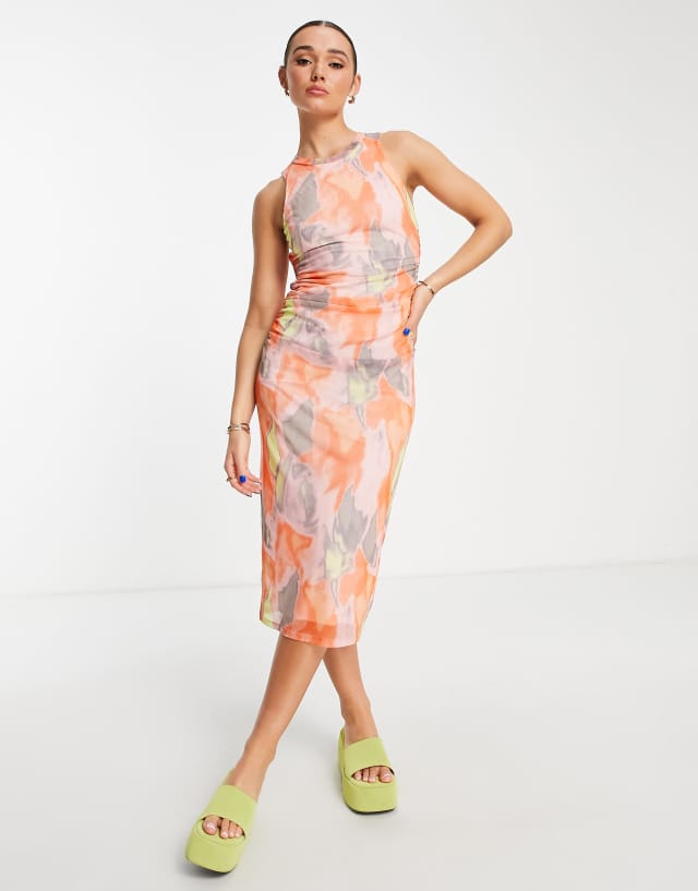 ASOS DESIGN mesh maxi dress with ruched sides in blurred abstract print