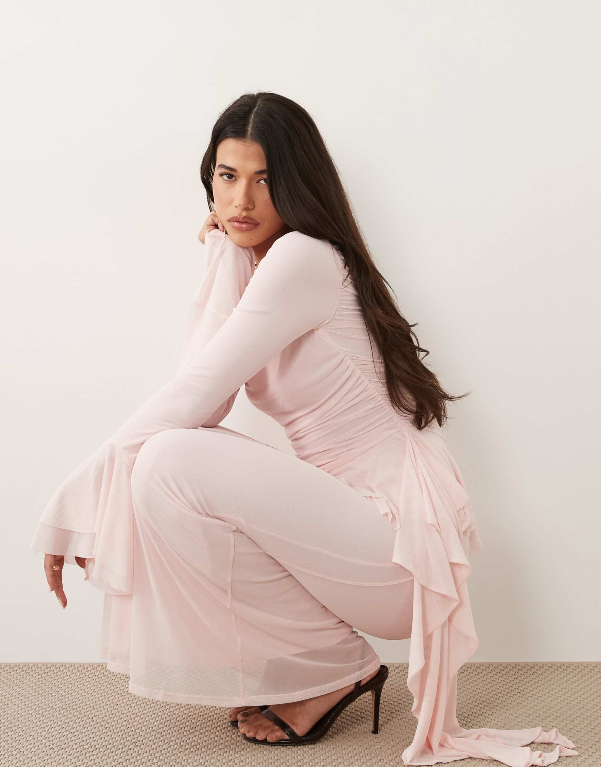 asos design mesh maxi dress with ruching and frill details in pink