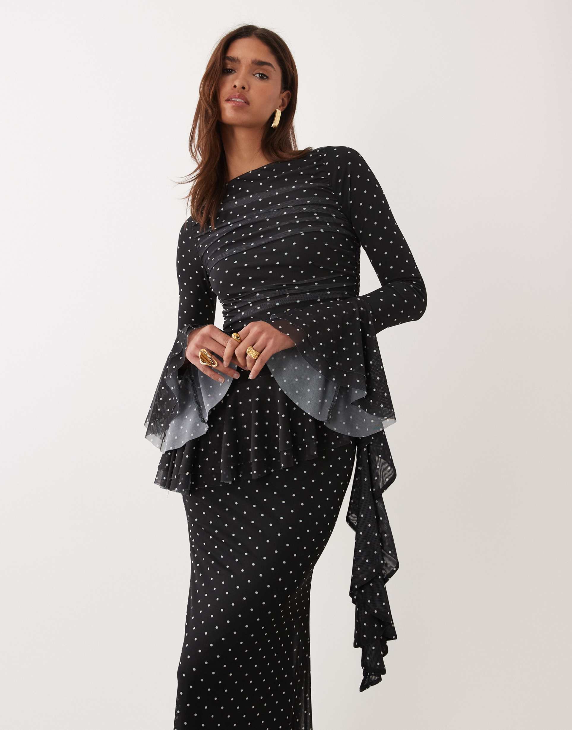 asos design mesh maxi dress with ruching and frill details in polka-dot print
