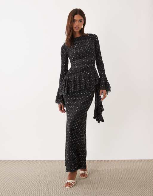ASOS DESIGN mesh maxi dress with ruching and frill details in spot print, 2 of 4