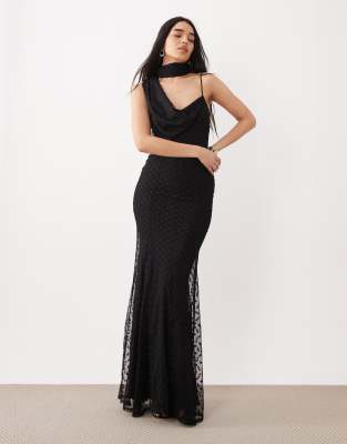 Asos Design Mesh Maxi Dress With Scarf Detail In Black