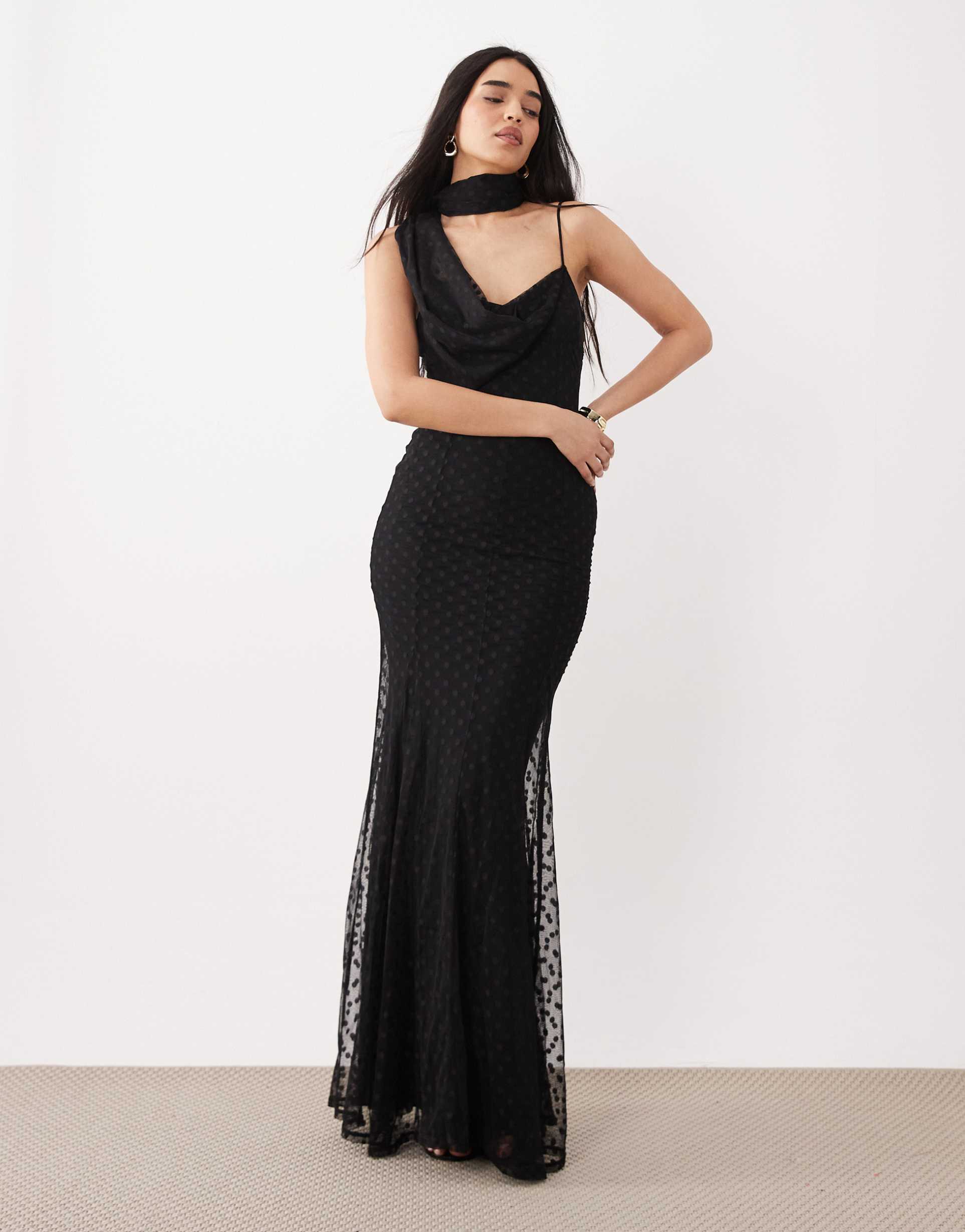 asos design mesh maxi dress with scarf detail in black