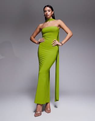Asos Design Mesh Maxi Dress With Scarf Detail In Green