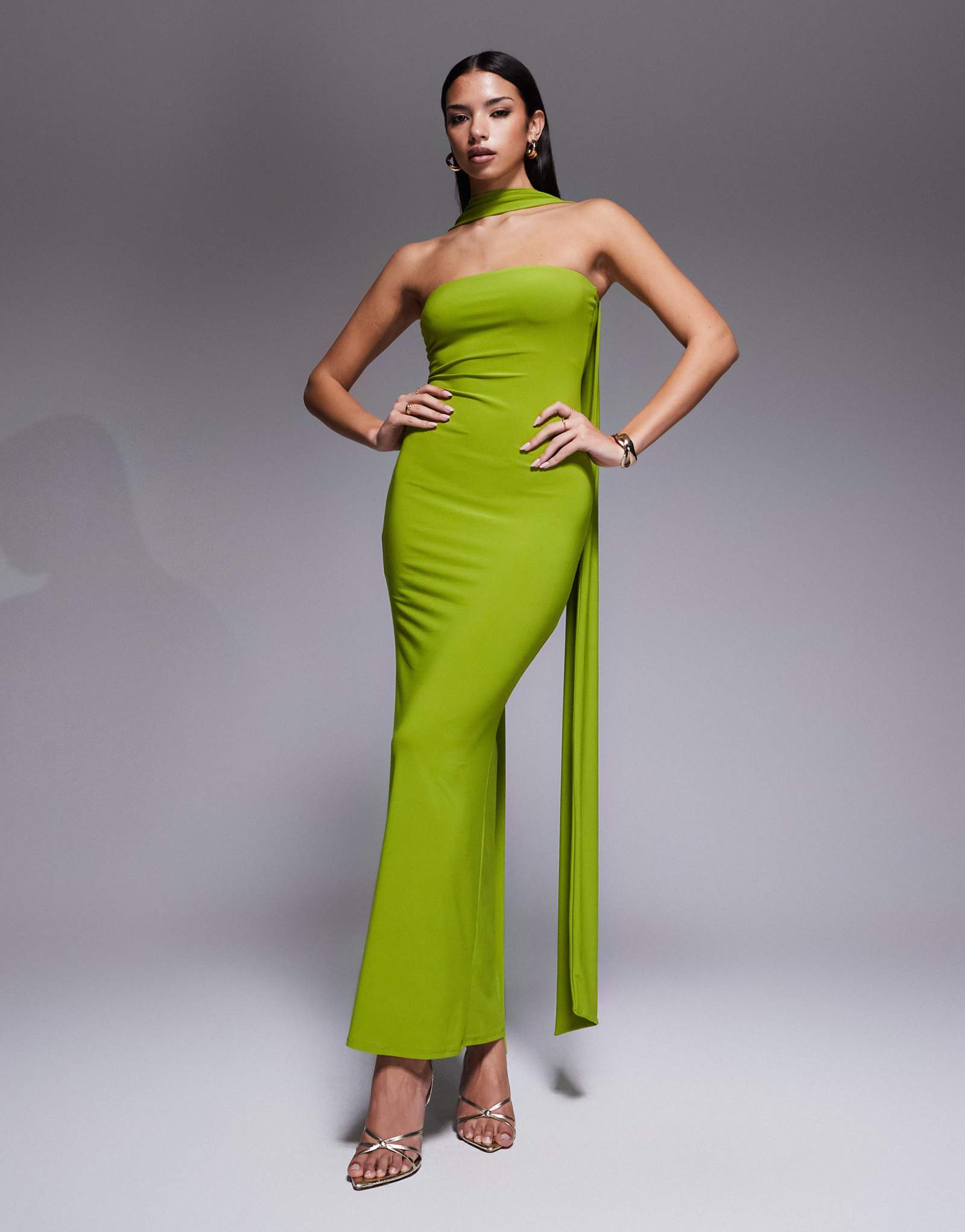 ДИЗАЙНЕРСКОЕ сетчатое макси-платье ASOS с шарфом зеленого цвета